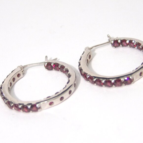Sterling Silver Rhodolite Garnet Hoop Earrings 1 Inch Rhodium Anti Tarnish - Picture 5 of 8